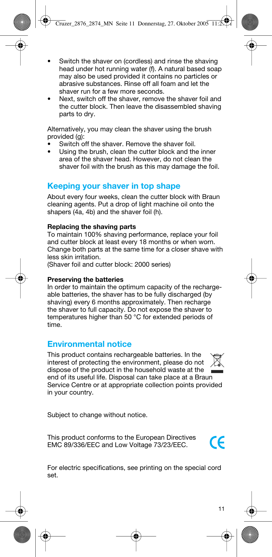 Keeping your shaver in top shape, Environmental notice | Braun 2874 Cruzer3 User Manual | Page 11 / 60