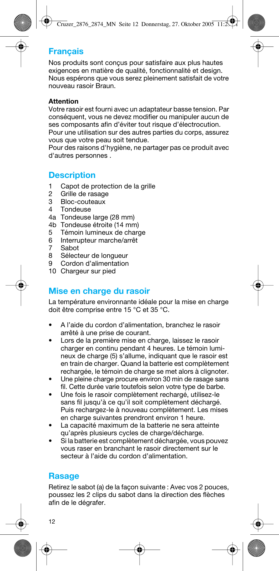 Français, Description, Mise en charge du rasoir | Rasage | Braun 2874 Cruzer3 User Manual | Page 12 / 60
