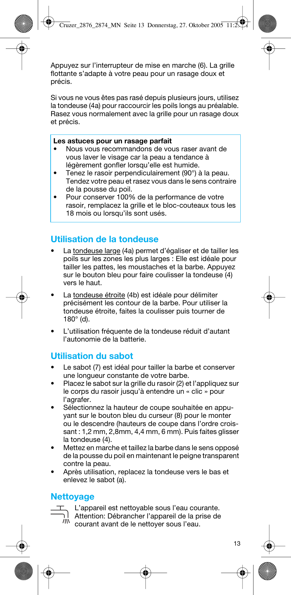 Utilisation de la tondeuse, Utilisation du sabot, Nettoyage | Braun 2874 Cruzer3 User Manual | Page 13 / 60