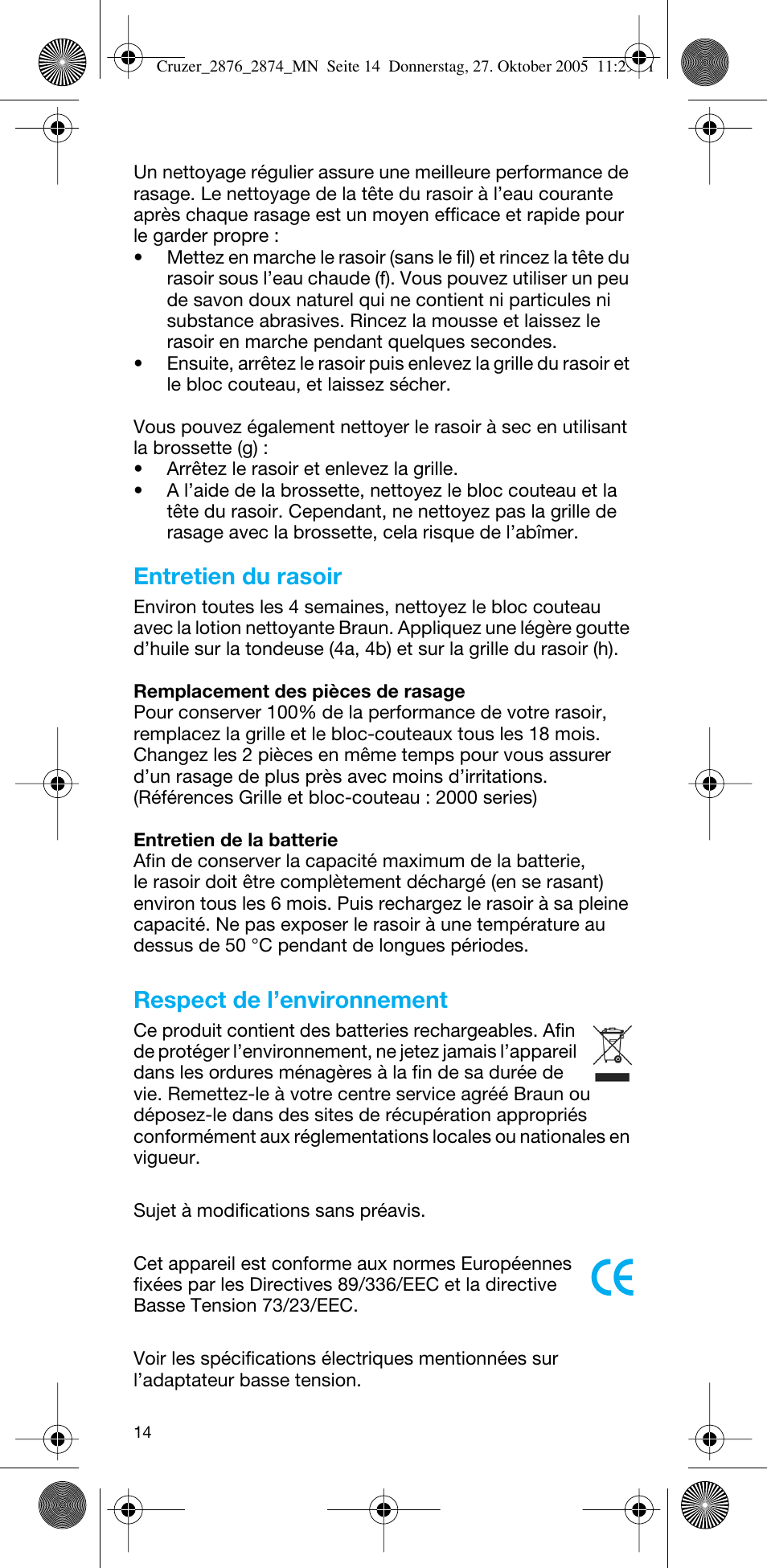 Entretien du rasoir, Respect de l’environnement | Braun 2874 Cruzer3 User Manual | Page 14 / 60