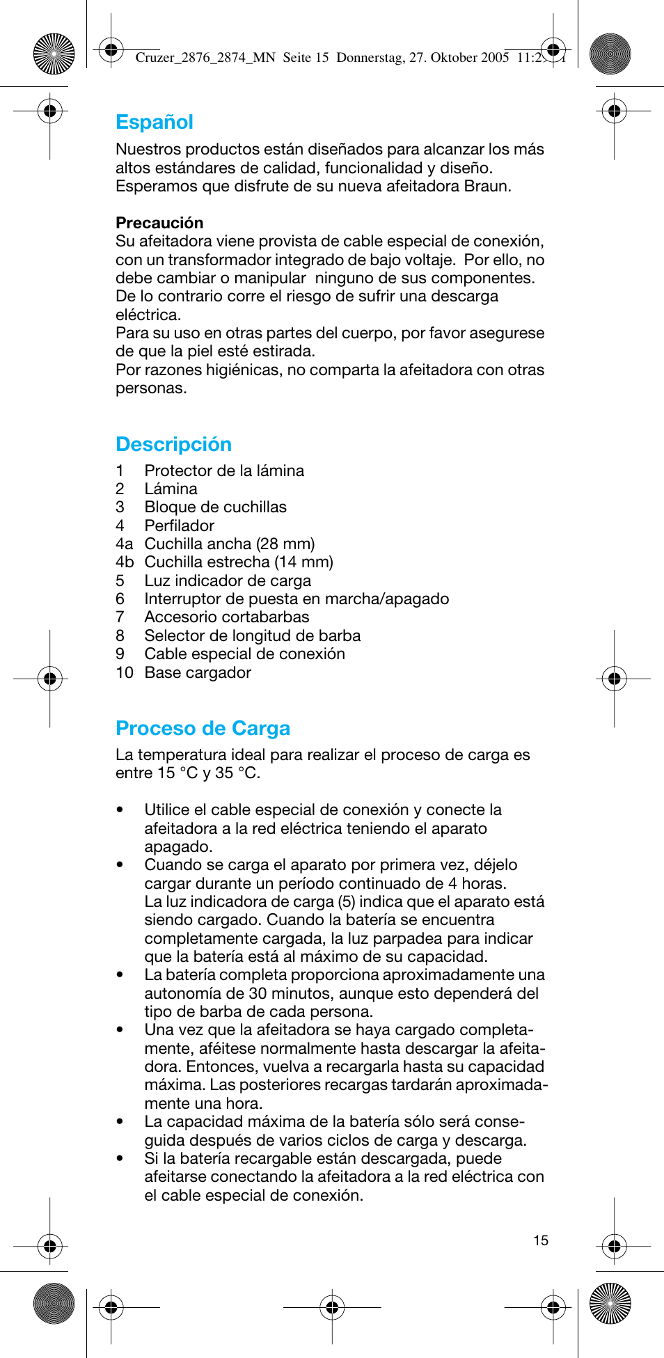 Español, Descripción, Proceso de carga | Braun 2874 Cruzer3 User Manual | Page 15 / 60