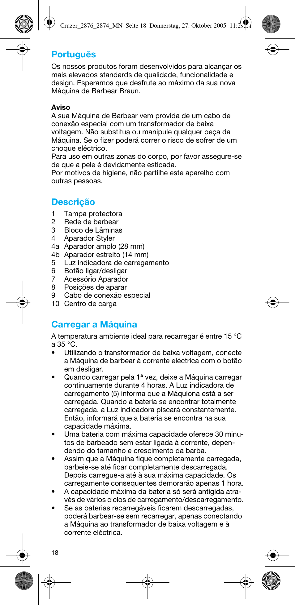 Português, Descrição, Carregar a máquina | Braun 2874 Cruzer3 User Manual | Page 18 / 60