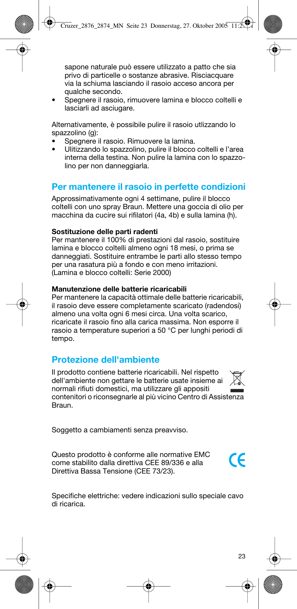 Per mantenere il rasoio in perfette condizioni, Protezione dell'ambiente | Braun 2874 Cruzer3 User Manual | Page 23 / 60