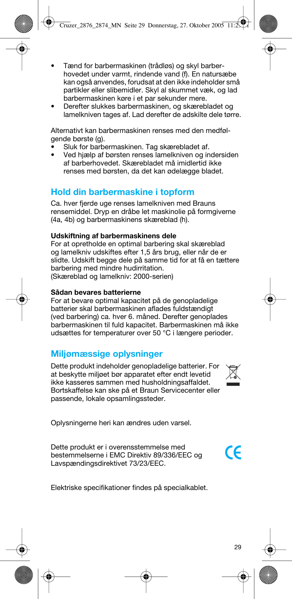 Hold din barbermaskine i topform, Miljømæssige oplysninger | Braun 2874 Cruzer3 User Manual | Page 29 / 60