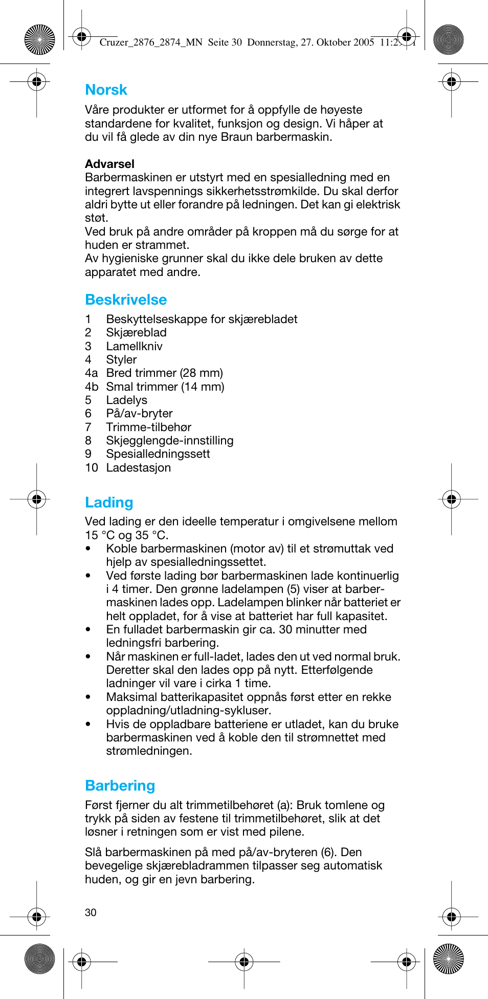 Norsk, Beskrivelse, Lading | Barbering | Braun 2874 Cruzer3 User Manual | Page 30 / 60