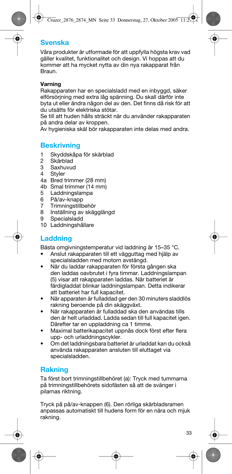 Svenska, Beskrivning, Laddning | Rakning | Braun 2874 Cruzer3 User Manual | Page 33 / 60