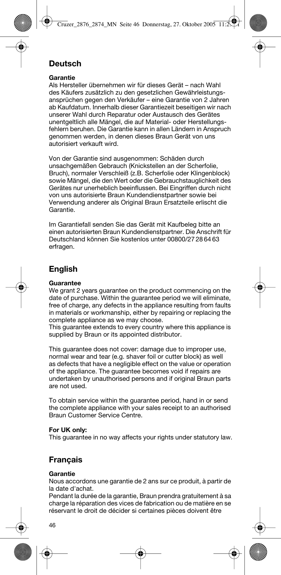 Deutsch, English, Français | Braun 2874 Cruzer3 User Manual | Page 46 / 60