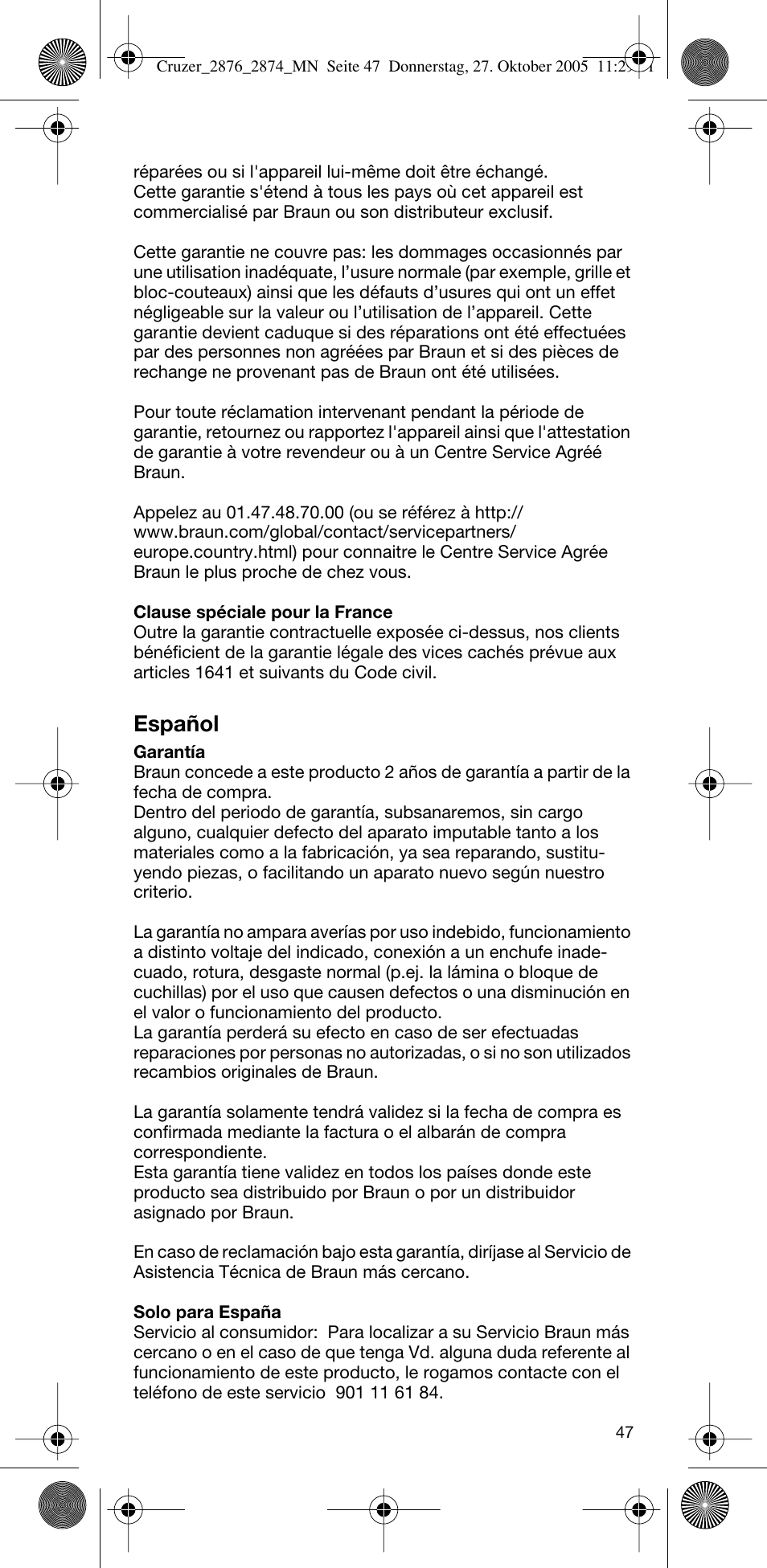 Español | Braun 2874 Cruzer3 User Manual | Page 47 / 60