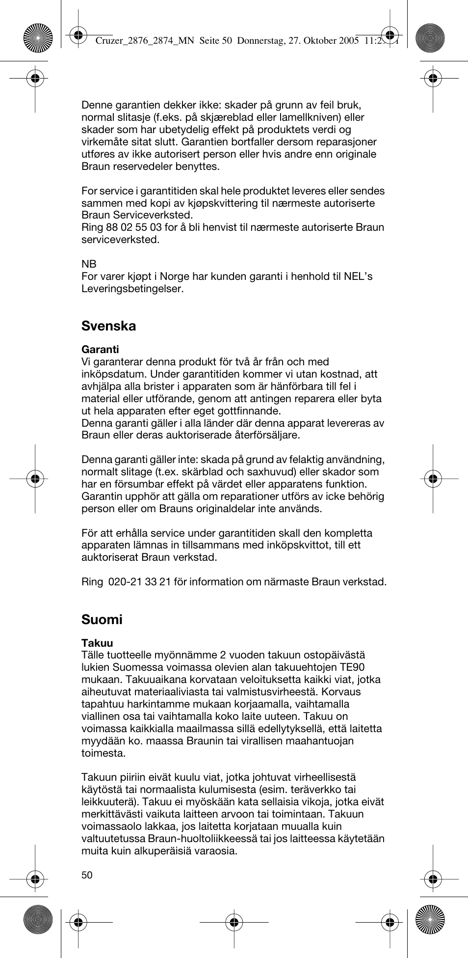 Svenska, Suomi | Braun 2874 Cruzer3 User Manual | Page 50 / 60