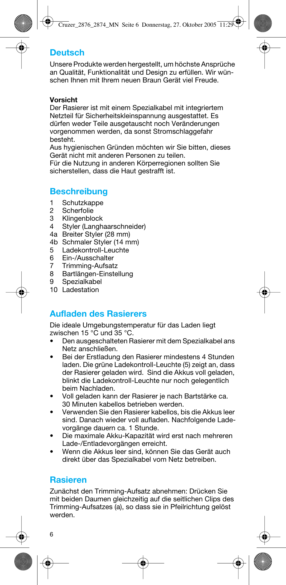 Beschreibung, Aufladen des rasierers, Rasieren | Deutsch | Braun 2874 Cruzer3 User Manual | Page 6 / 60