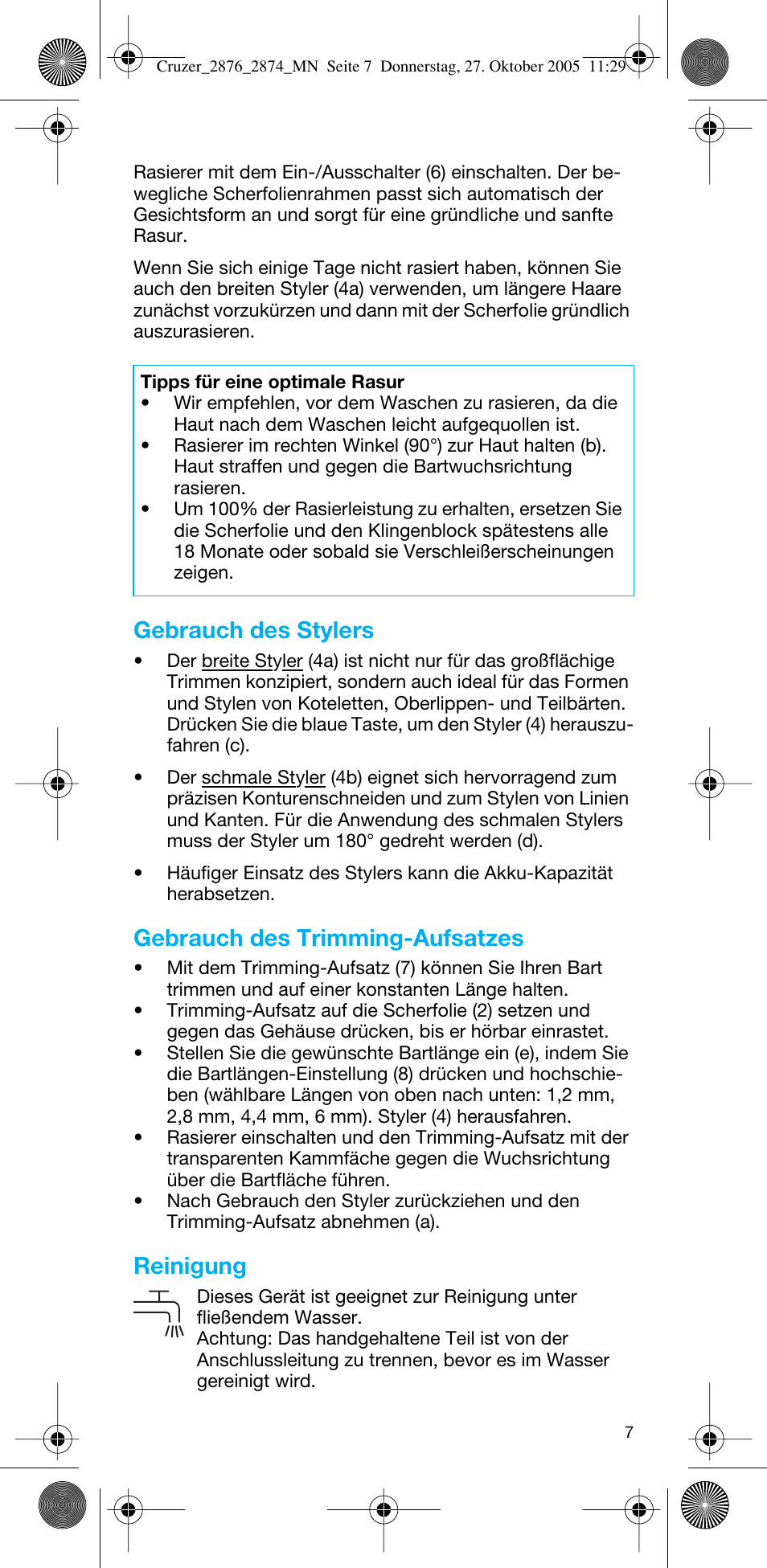 Gebrauch des stylers, Gebrauch des trimming-aufsatzes, Reinigung | Braun 2874 Cruzer3 User Manual | Page 7 / 60
