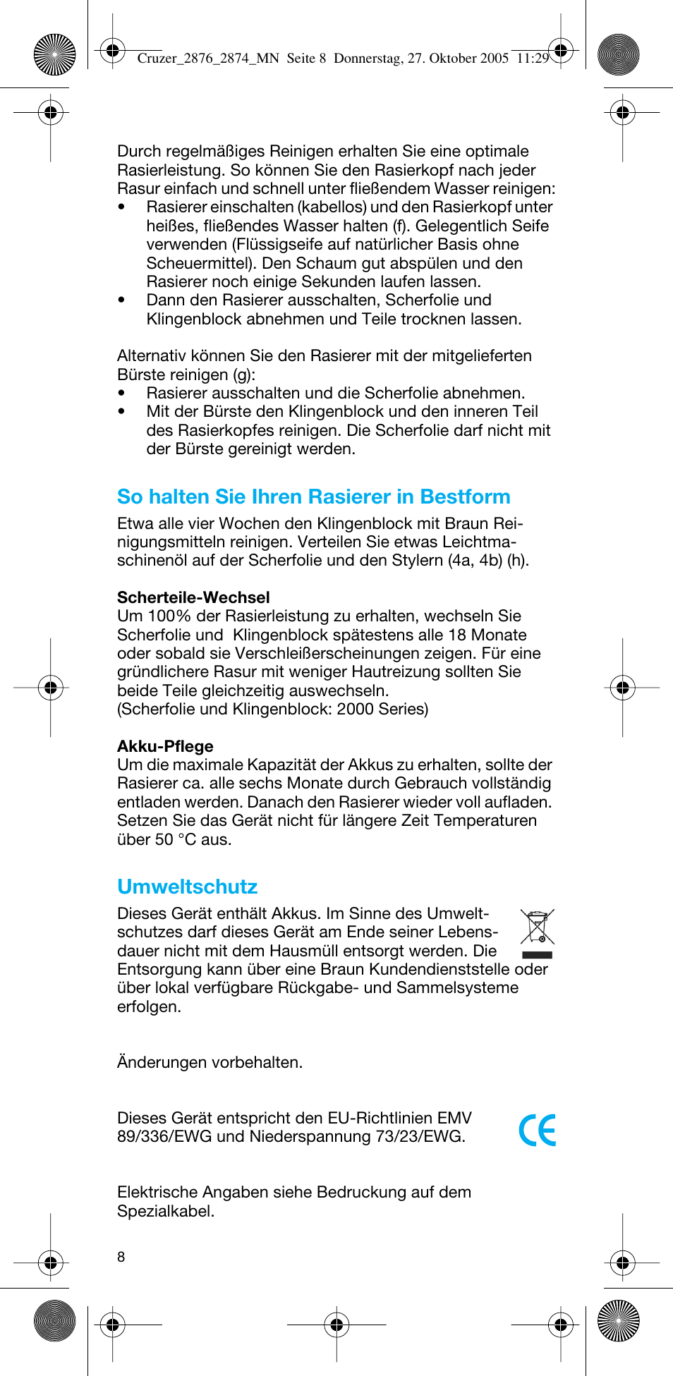 So halten sie ihren rasierer in bestform, Umweltschutz | Braun 2874 Cruzer3 User Manual | Page 8 / 60