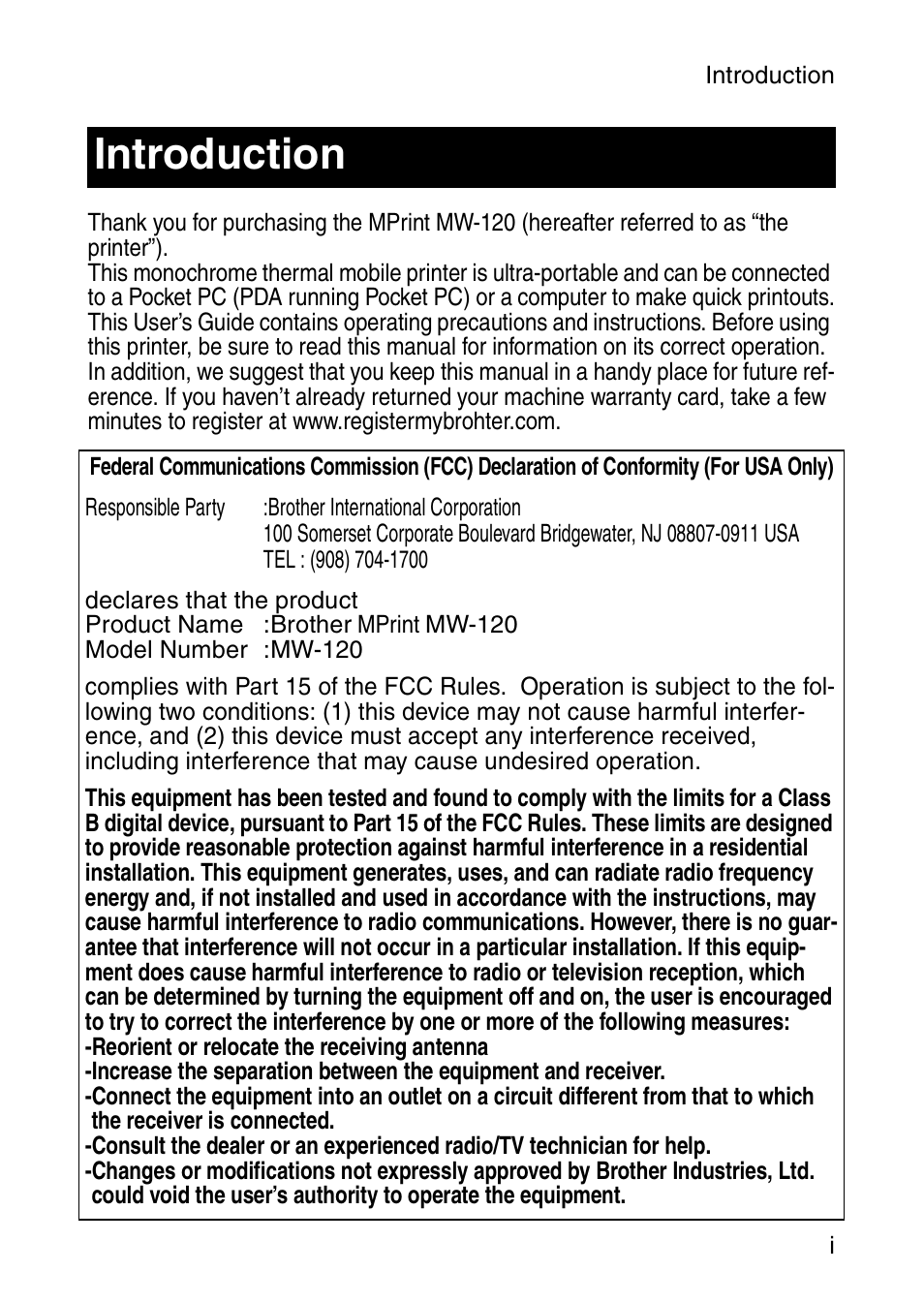 Introduction | Brother MW-120 User Manual | Page 2 / 83