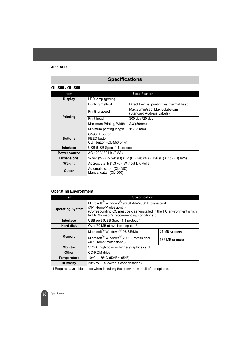 Specifications, Ql-500 / ql-550 operating environment | Brother QL-550 User Manual | Page 70 / 76