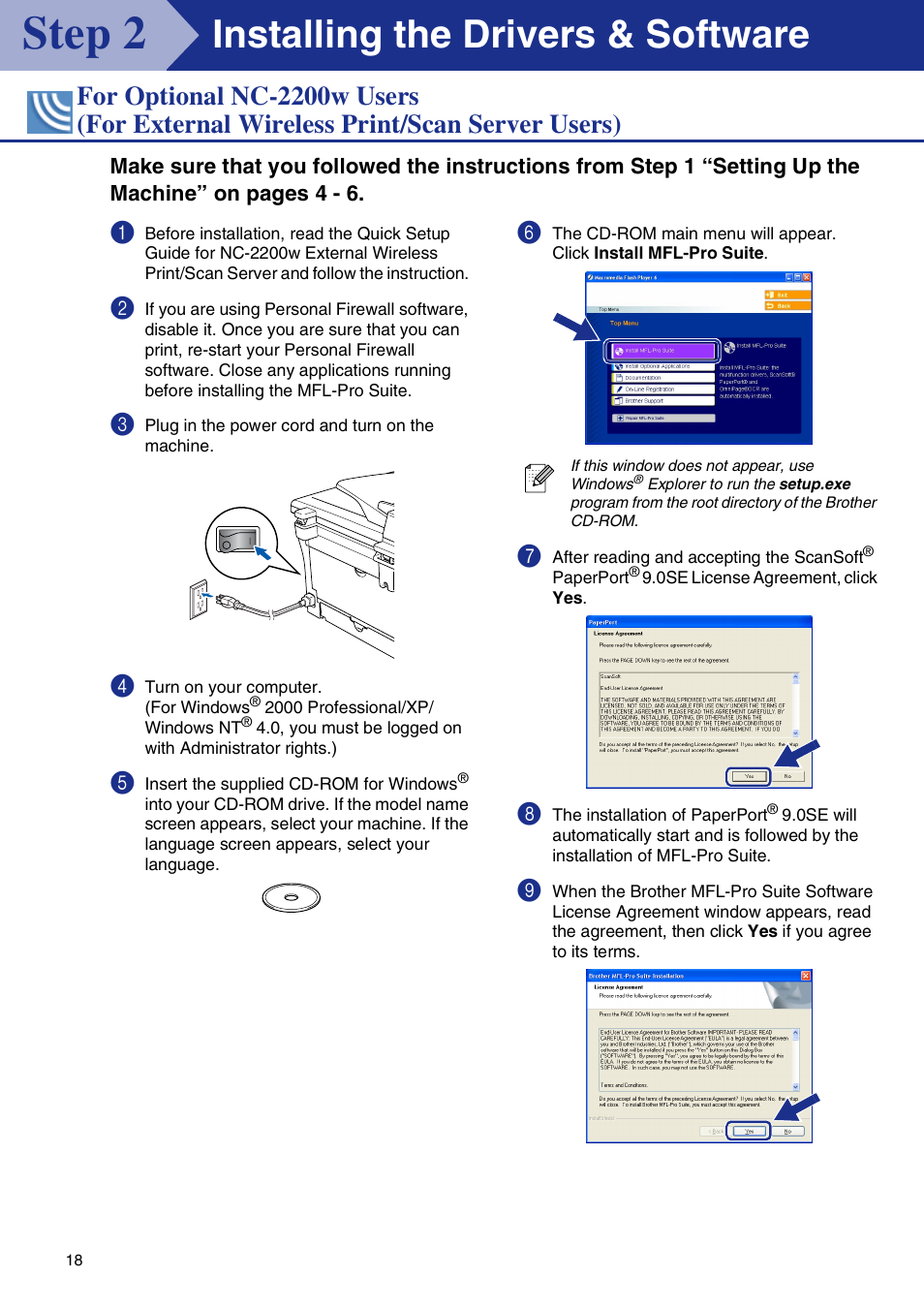 For optional nc-2200w users, External wireless print/scan server users, Step 2 | Installing the drivers & software | Brother DCP-7020 User Manual | Page 19 / 31