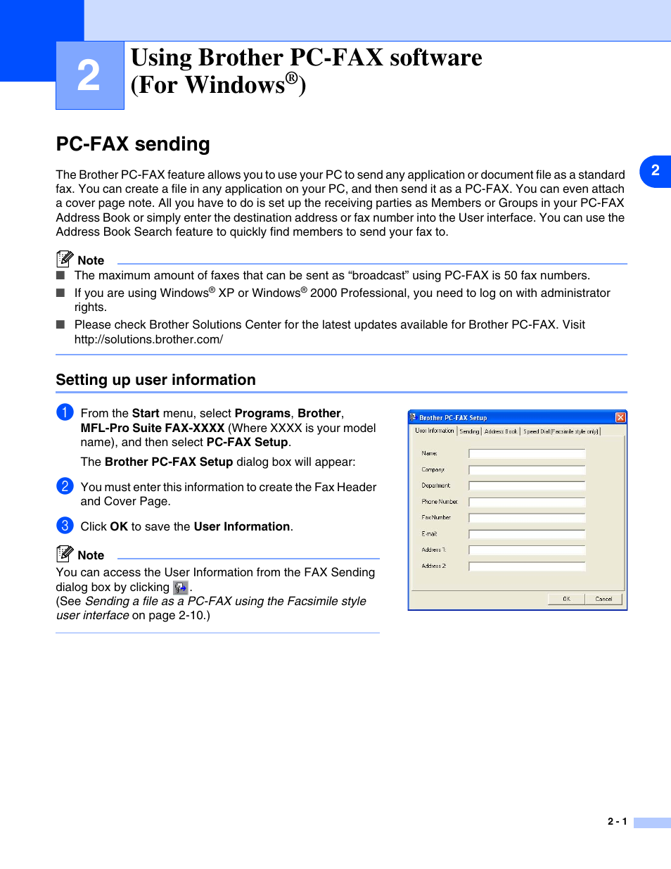 Using brother pc-fax software (for windows®), Pc-fax sending, Setting up user information | Using brother pc-fax software (for windows, Pc-fax sending -1, Setting up user information -1 | Brother IntelliFax-2820 User Manual | Page 19 / 38