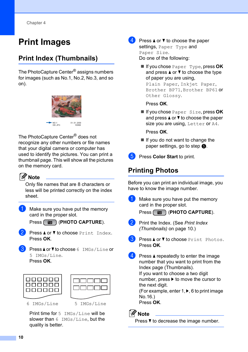 Print images, Print index (thumbnails), Printing photos | Print index (thumbnails) printing photos | Brother DCP-J125 User Manual | Page 14 / 30