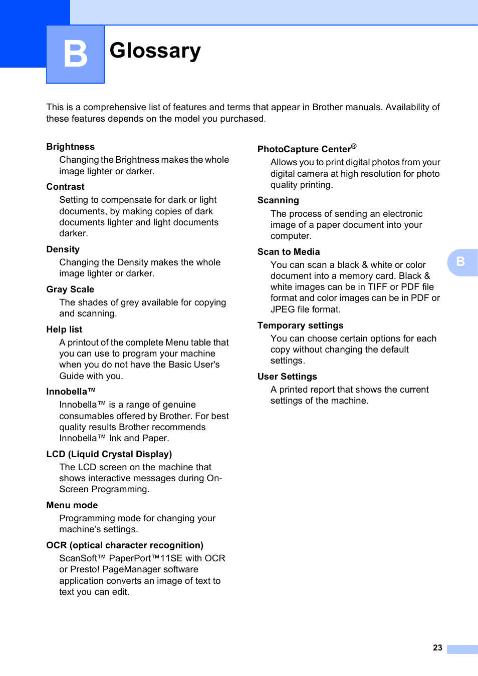 B glossary, Glossary | Brother DCP-J125 User Manual | Page 27 / 30