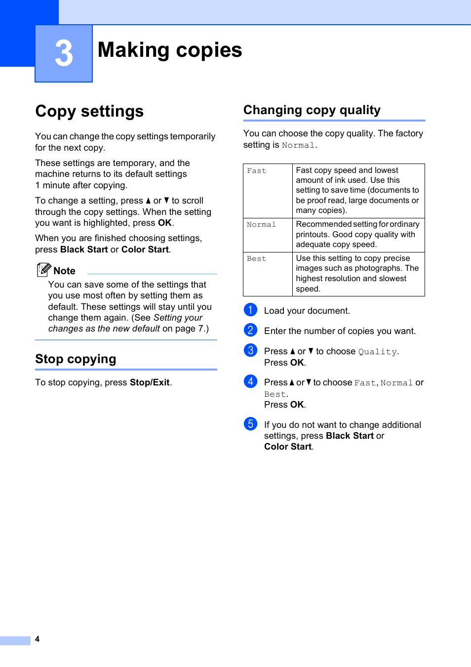 3 making copies, Copy settings, Stop copying | Changing copy quality, Making copies, Stop copying changing copy quality | Brother DCP-J125 User Manual | Page 8 / 30
