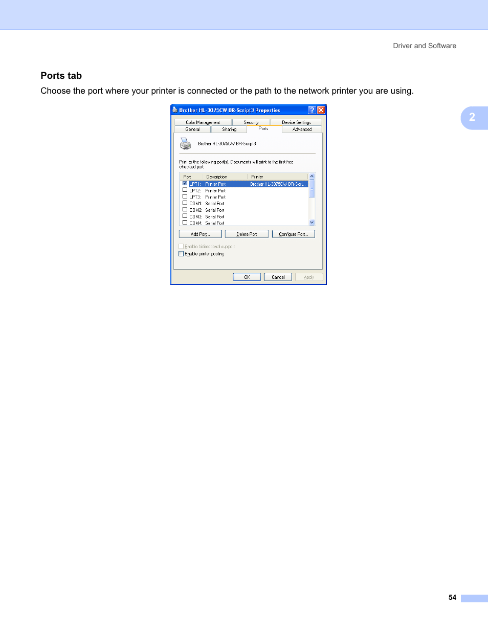 Ports tab | Brother HL-3075CW User Manual | Page 59 / 194