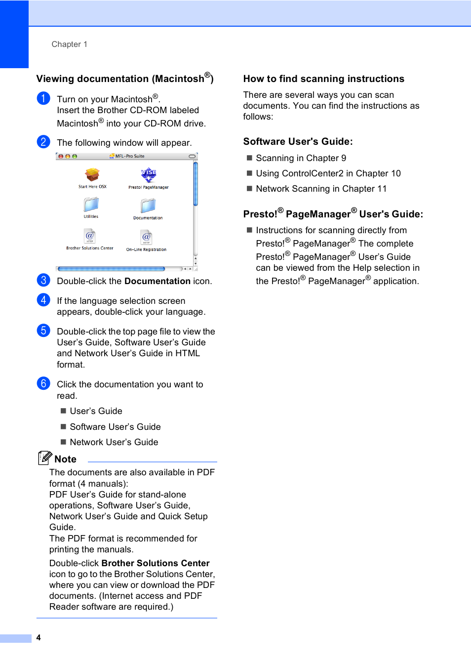 Viewing documentation (macintosh®), How to find scanning instructions, Software user's guide | Brother DCP 9040CN User Manual | Page 16 / 167