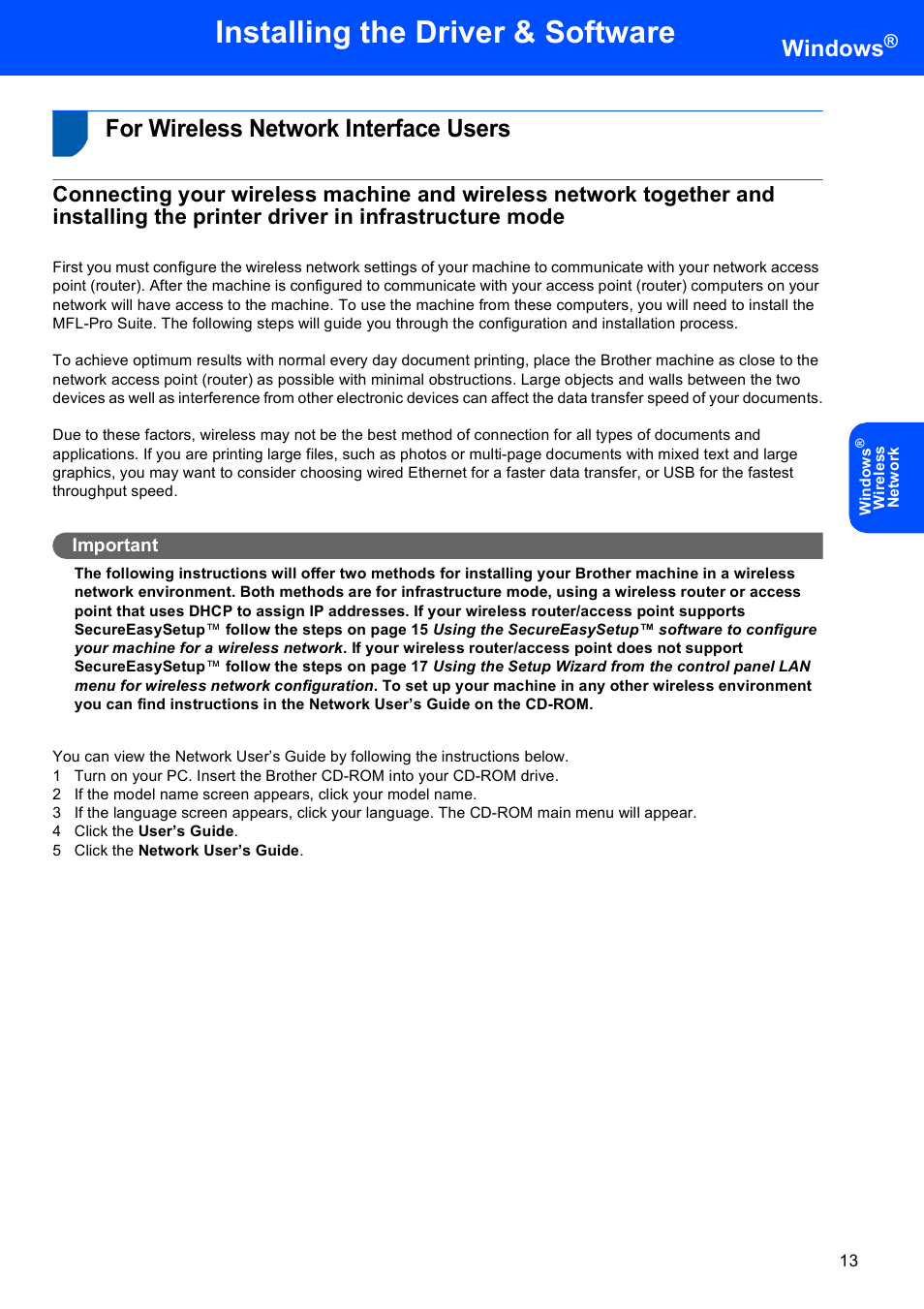 For wirelesnetwork interface users, For wireless network interface users, Installing the driver & software | Windows | Brother MFC-665CW User Manual | Page 15 / 31