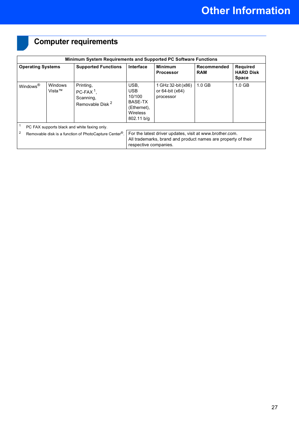 Computer requirements, Other information | Brother MFC-665CW User Manual | Page 29 / 31