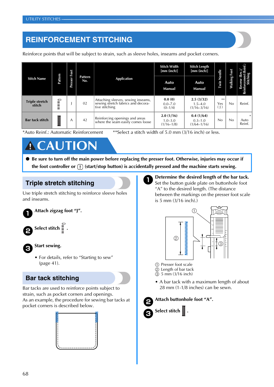 Caution, Reinforcement stitching, Triple stretch stitching | Bar tack stitching | Brother DZ2750 User Manual | Page 70 / 116