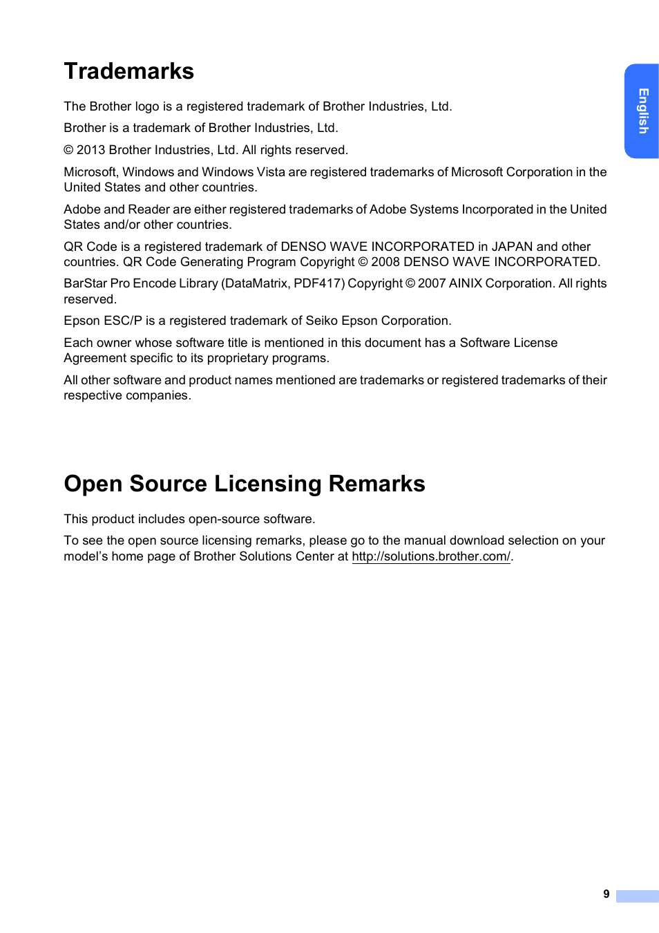 Trademarks, Open source licensing remarks | Brother PocketJet PJ-673 w WLAN User Manual | Page 10 / 14