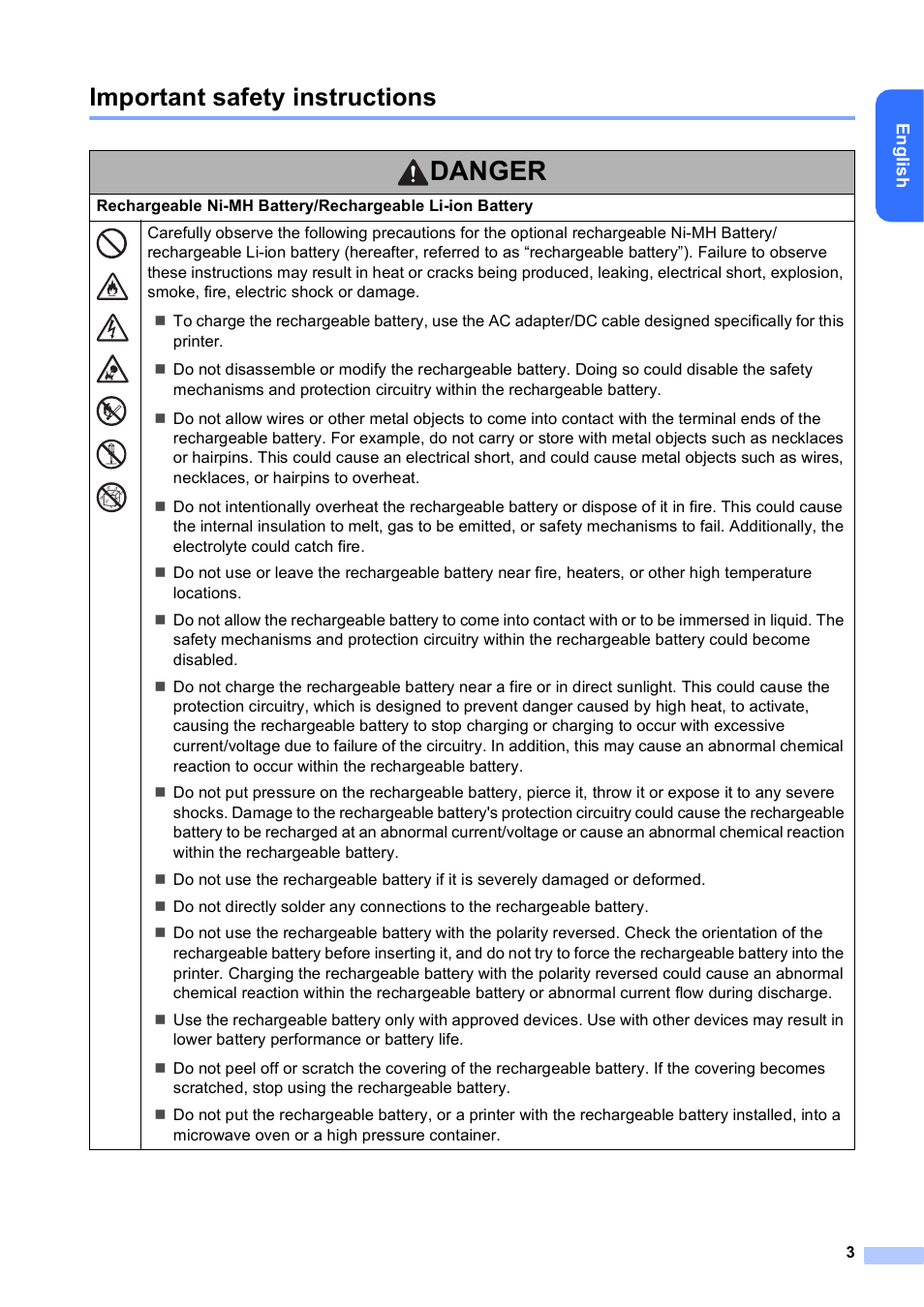Important safety instructions, Danger | Brother PocketJet PJ-673 w WLAN User Manual | Page 4 / 14