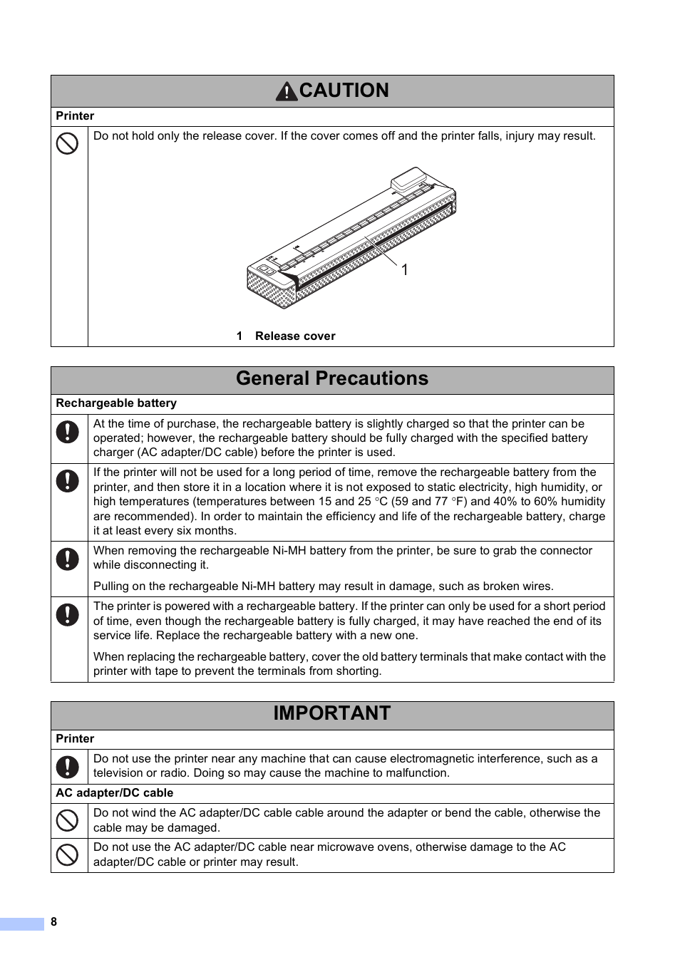 Caution, General precautions, Important | Brother PocketJet PJ-673 w WLAN User Manual | Page 9 / 14