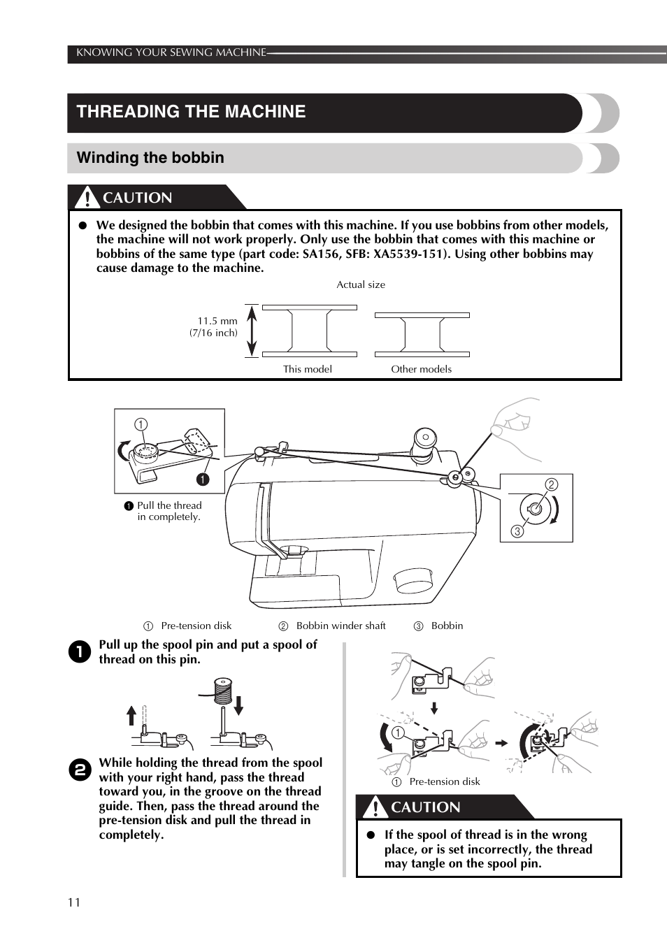 Threading the machine, Winding the bobbin, Caution | Brother SB170 User Manual | Page 12 / 92