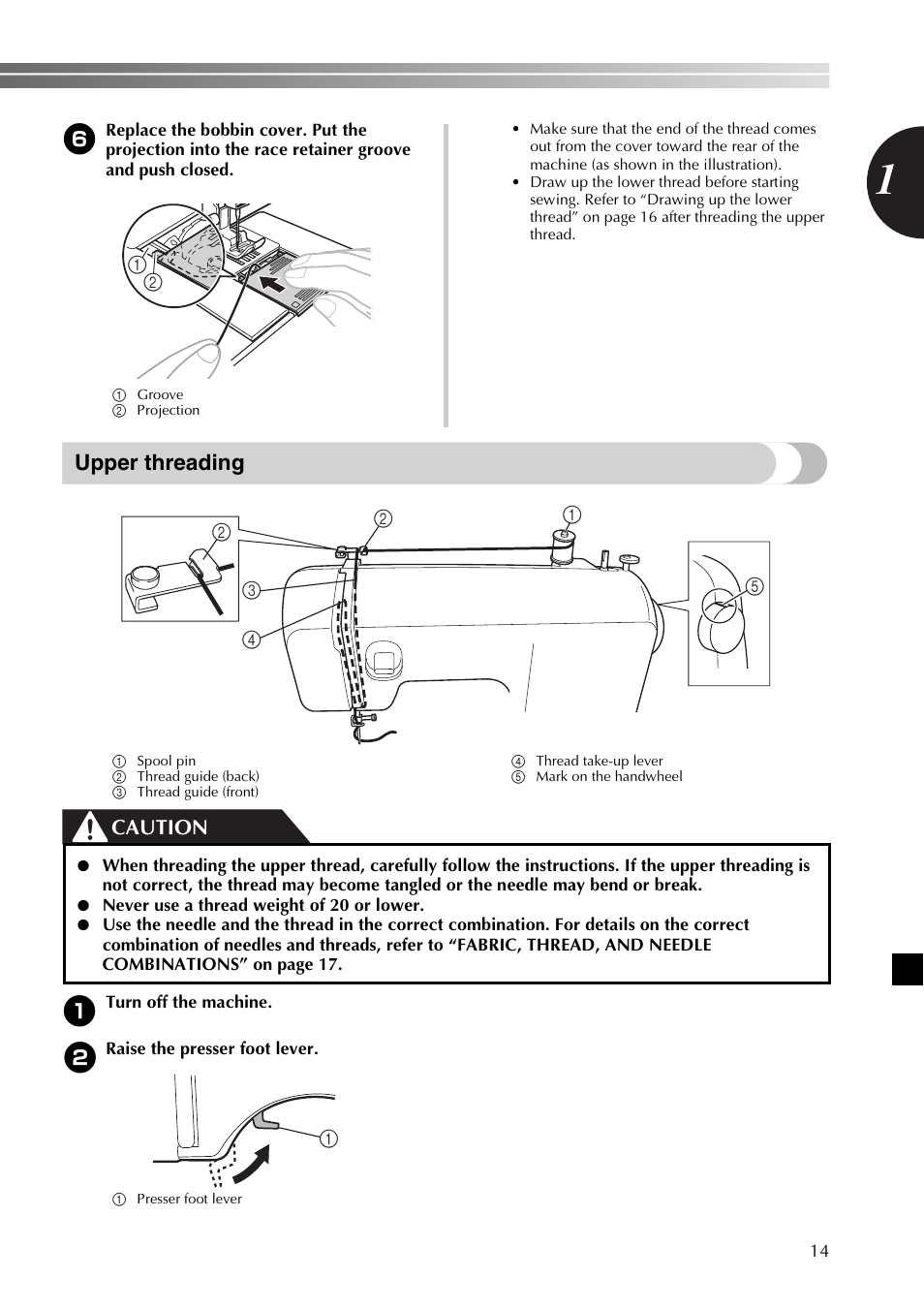 Upper threading, Caution | Brother SB170 User Manual | Page 15 / 92