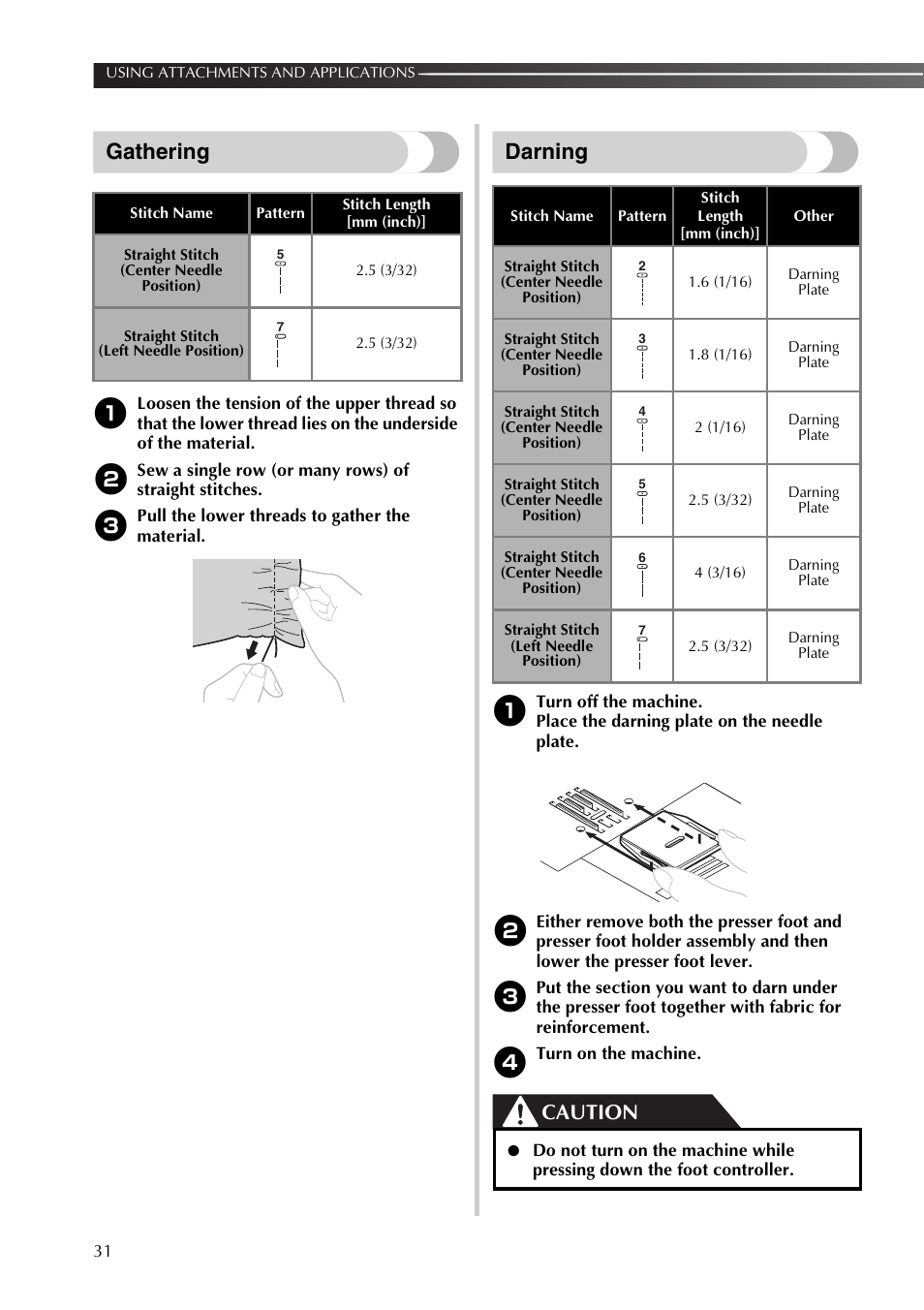 Gathering, Darning, Caution | Brother SB170 User Manual | Page 32 / 92
