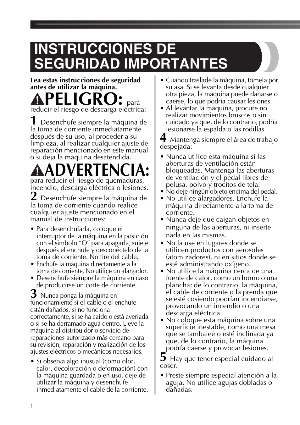 Peligro, Advertencia, Instrucciones de seguridad importantes | Para reducir el riesgo de descarga eléctrica | Brother SB170 User Manual | Page 46 / 92