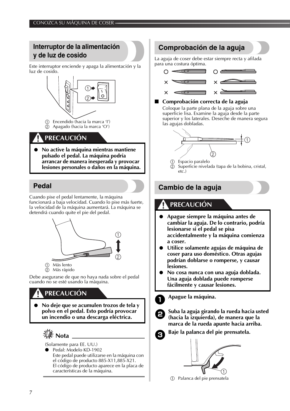 Interruptor de la alimentación y de luz de cosido, Pedal, Comprobación de la aguja | Cambio de la aguja, Precaución, Nota | Brother SB170 User Manual | Page 52 / 92