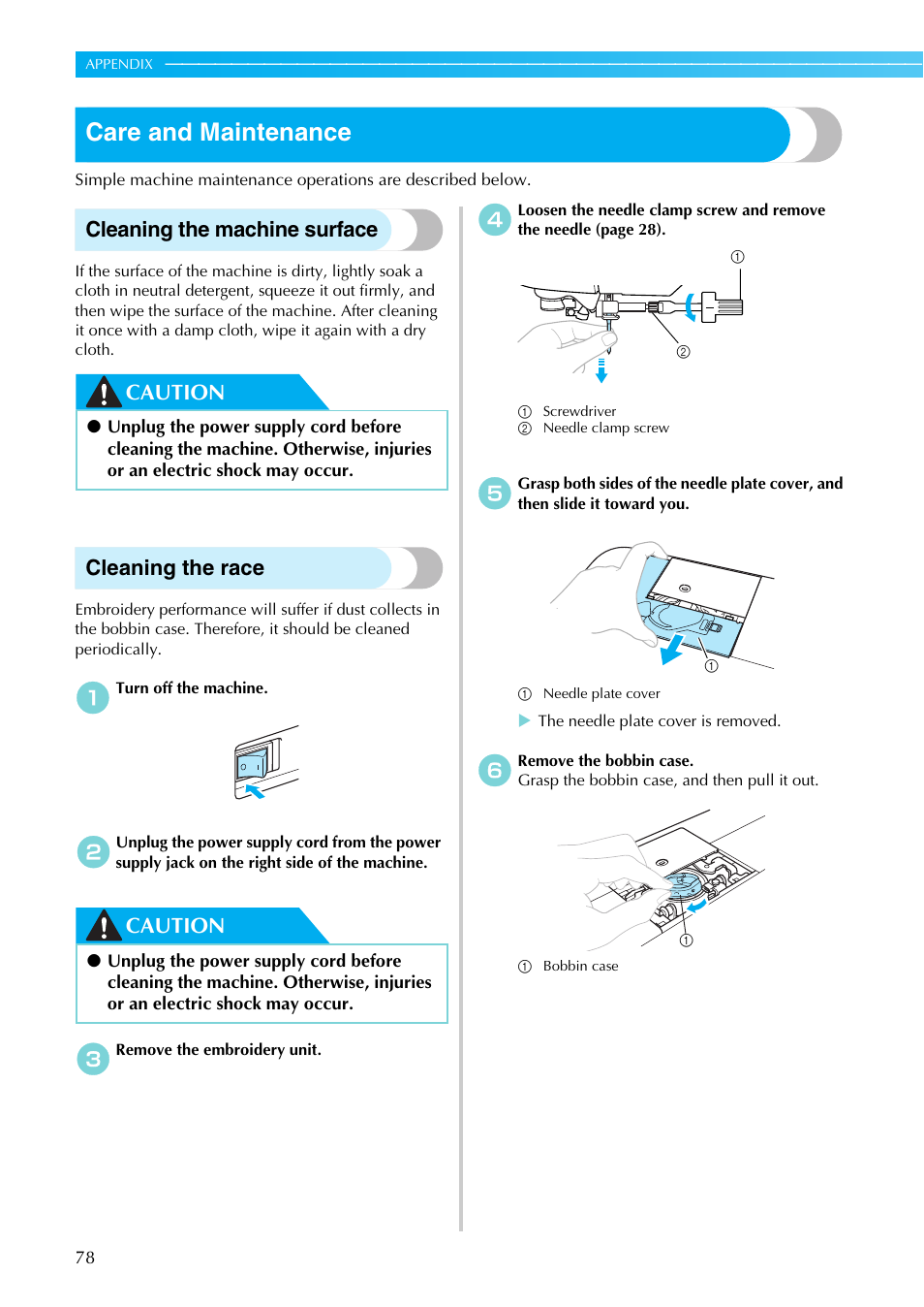 Care and maintenance, Cleaning the machine surface, Caution cleaning the race | Caution | Brother SB7050E User Manual | Page 80 / 96