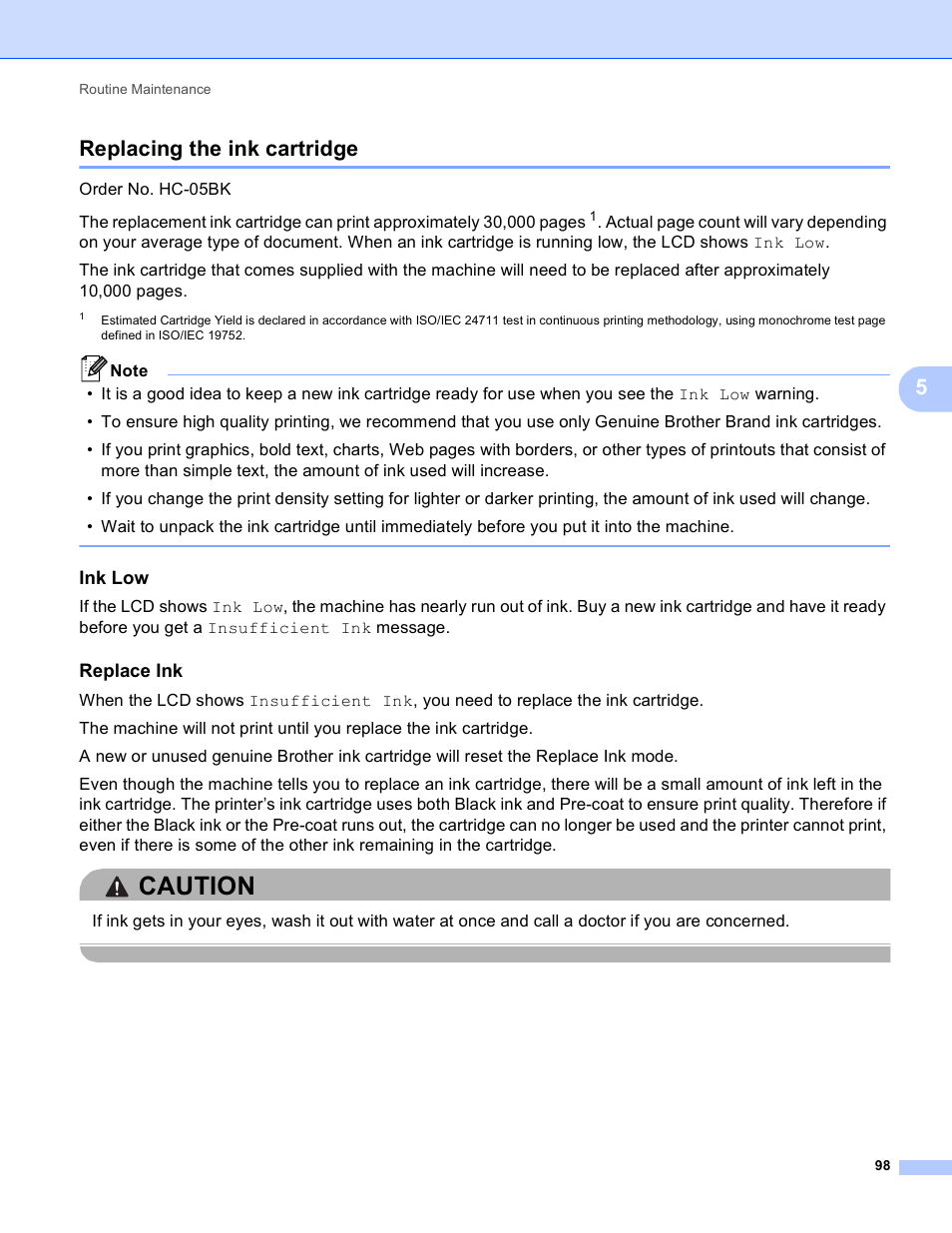 Replacing the ink cartridge, Ink low, Replace ink | Caution, 5replacing the ink cartridge | Brother HL-S7000DN User Manual | Page 104 / 161