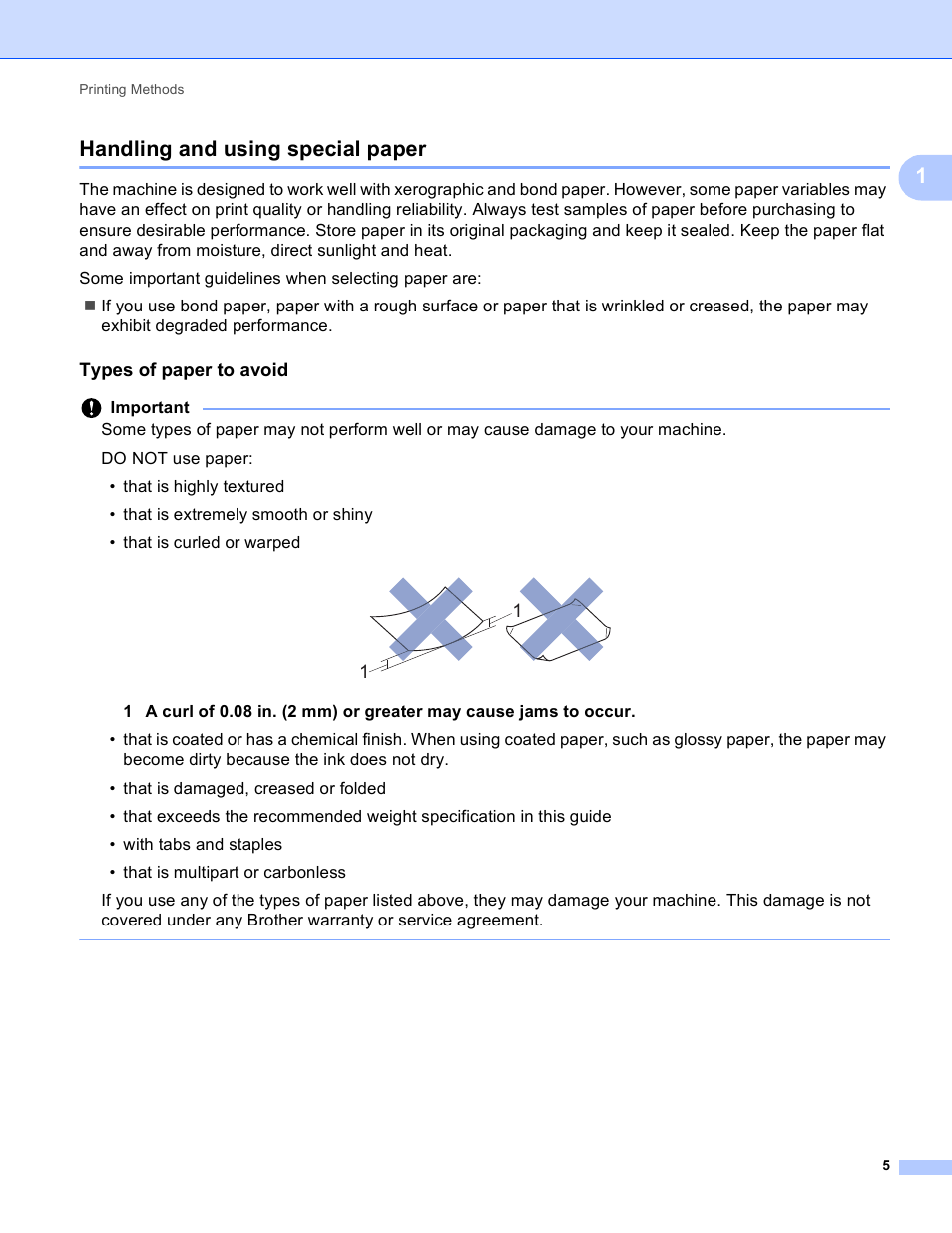 Handling and using special paper, Types of paper to avoid, 1handling and using special paper | Brother HL-S7000DN User Manual | Page 11 / 161
