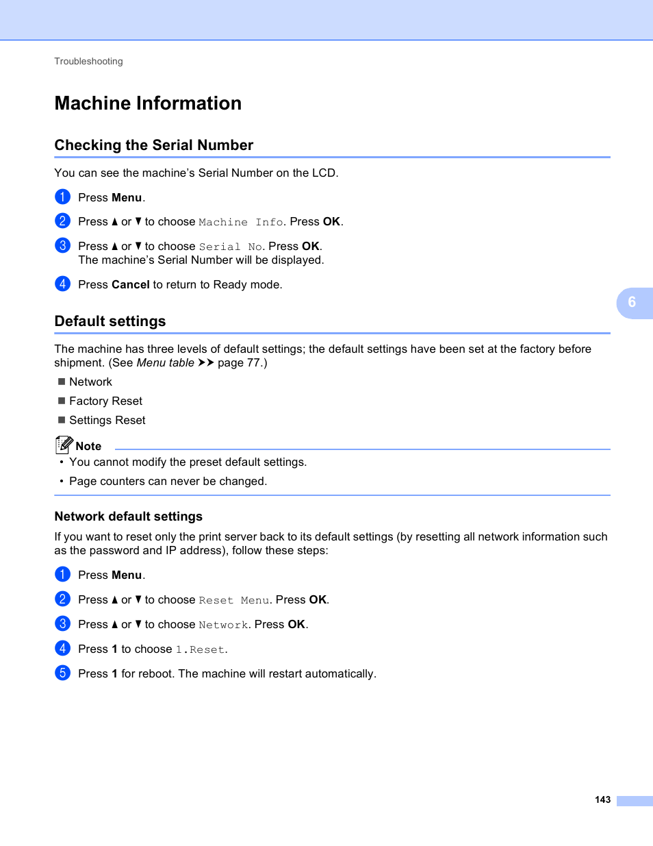 Machine information, Checking the serial number, Default settings | Network default settings, Checking the serial number default settings | Brother HL-S7000DN User Manual | Page 149 / 161