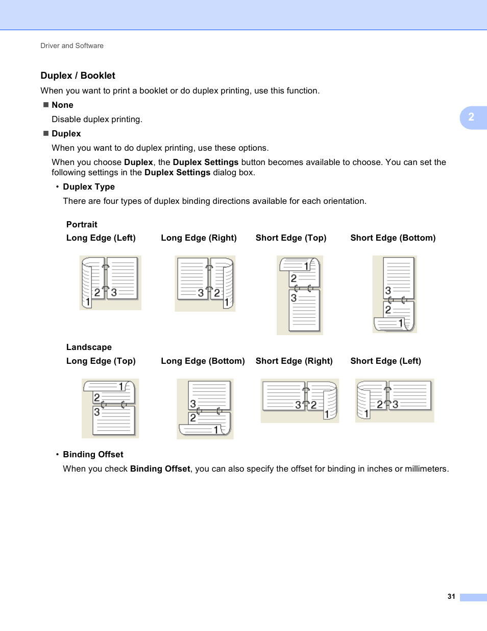 Duplex / booklet, Long edge (right), Short edge (top) | Short edge (bottom), Landscape long edge (top), Long edge (bottom), Short edge (right), Short edge (left) | Brother HL-S7000DN User Manual | Page 37 / 161