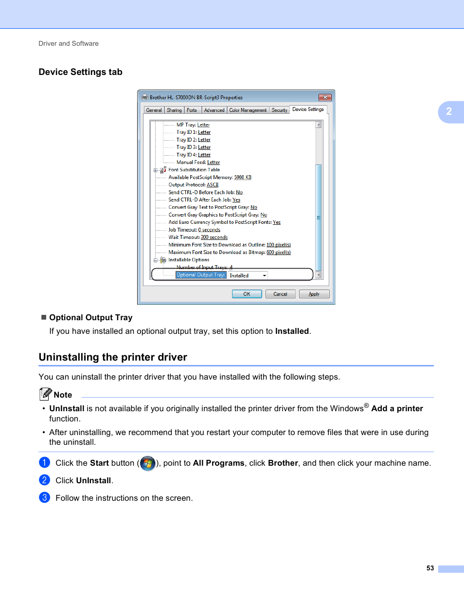 Device settings tab, Uninstalling the printer driver | Brother HL-S7000DN User Manual | Page 59 / 161