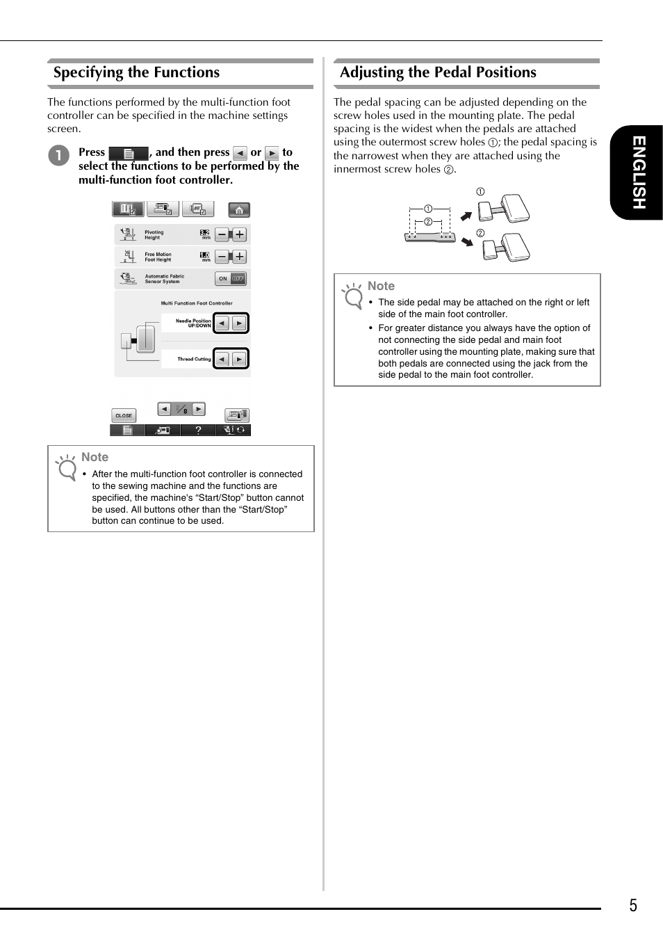 Specifying the functions, Adjusting the pedal positions, 5e nglis h | Brother Innov-is 6750D User Manual | Page 7 / 28