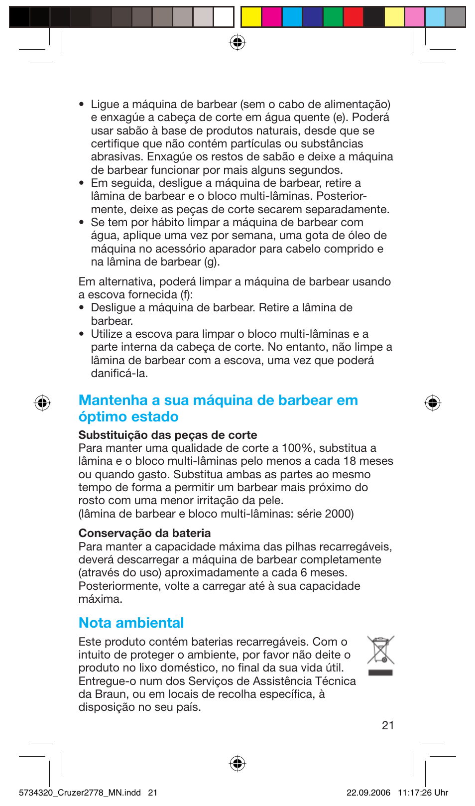 Mantenha a sua máquina de barbear em óptimo estado, Nota ambiental | Braun 2778 Cruzer2 User Manual | Page 20 / 55