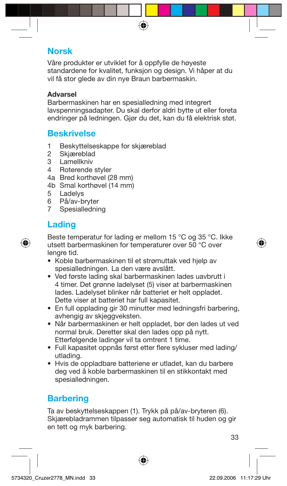 Norsk, Beskrivelse, Lading | Barbering | Braun 2778 Cruzer2 User Manual | Page 32 / 55