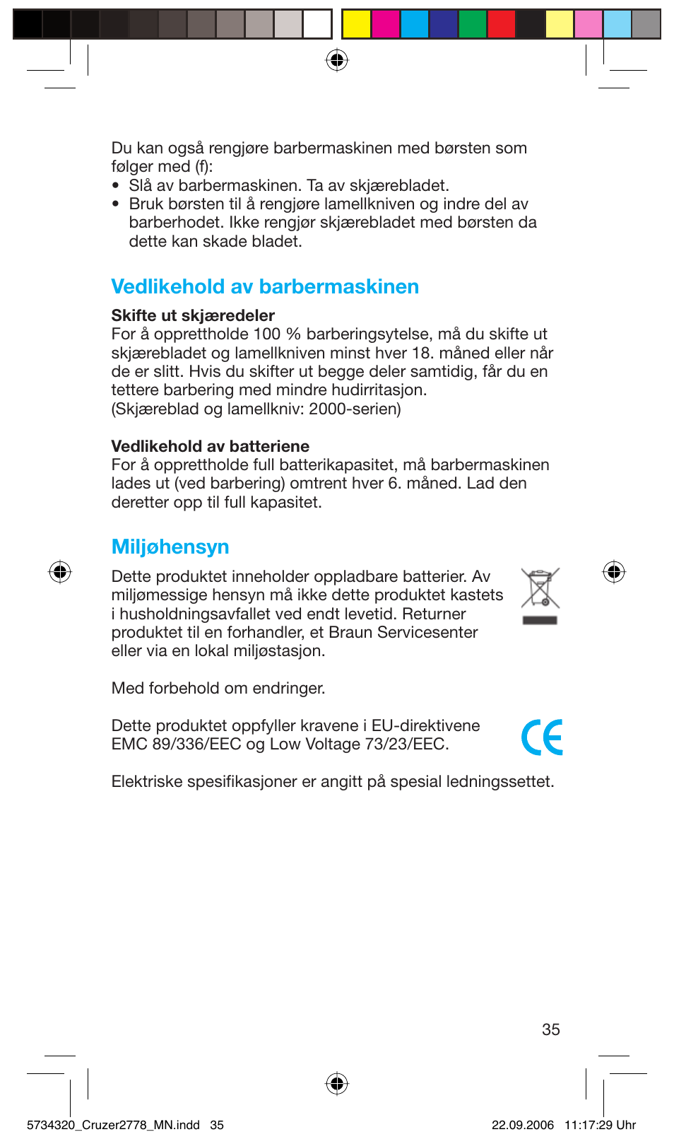 Vedlikehold av barbermaskinen, Miljøhensyn | Braun 2778 Cruzer2 User Manual | Page 34 / 55