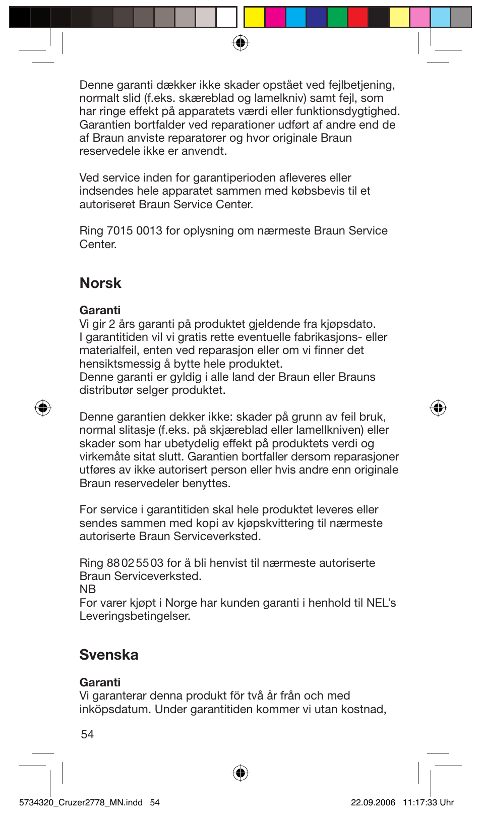 Norsk, Svenska | Braun 2778 Cruzer2 User Manual | Page 53 / 55