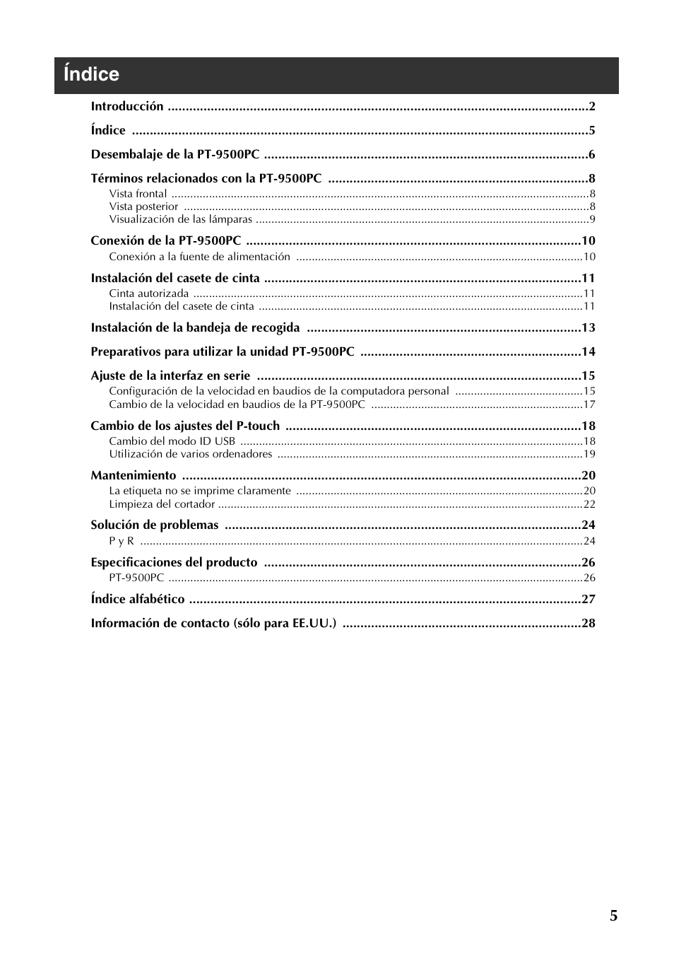 Índice | Brother PT-9500PC User Manual | Page 36 / 62