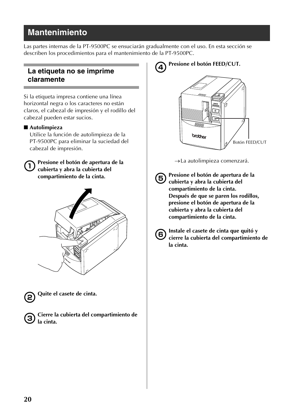 Mantenimiento, La etiqueta no se imprime claramente | Brother PT-9500PC User Manual | Page 51 / 62