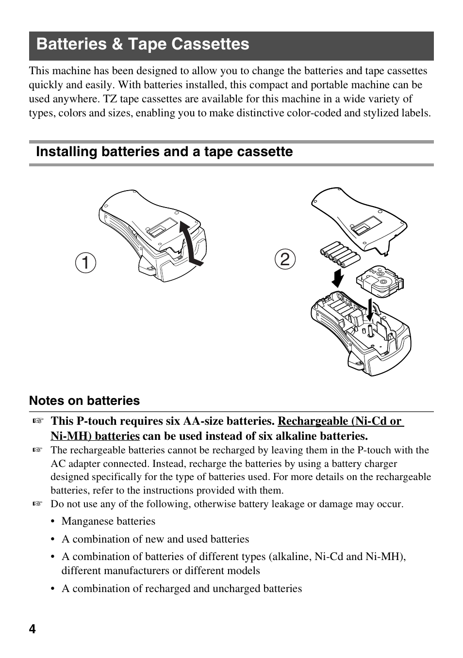 Batteries & tape cassettes | Brother PT-1600 User Manual | Page 12 / 116